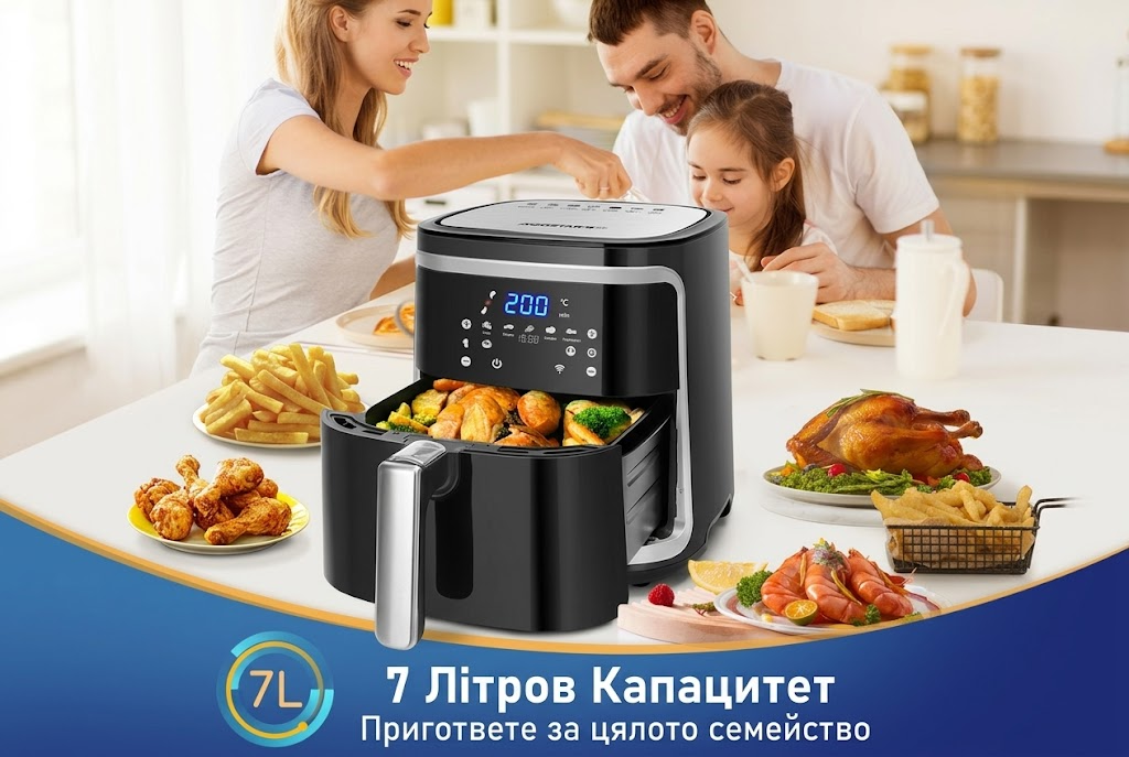 Фритюрник с горещ въздух без мазнина XXL 7 л, 1900 W, интелигентен. Wi-Fi свързаност. Сензорен LED дисплей, 7 предварително зададени функции. Без BPA. ПОДАРЪК: Електрическа кана 1,7 л. - Imagen 4